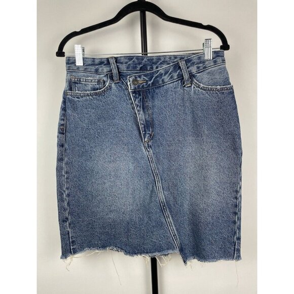 Sam Edelman Medium Blue Wash The Riley Asymmetrical Raw‎ Hem Denim Jean Skirt 29 - Picture 1 of 7